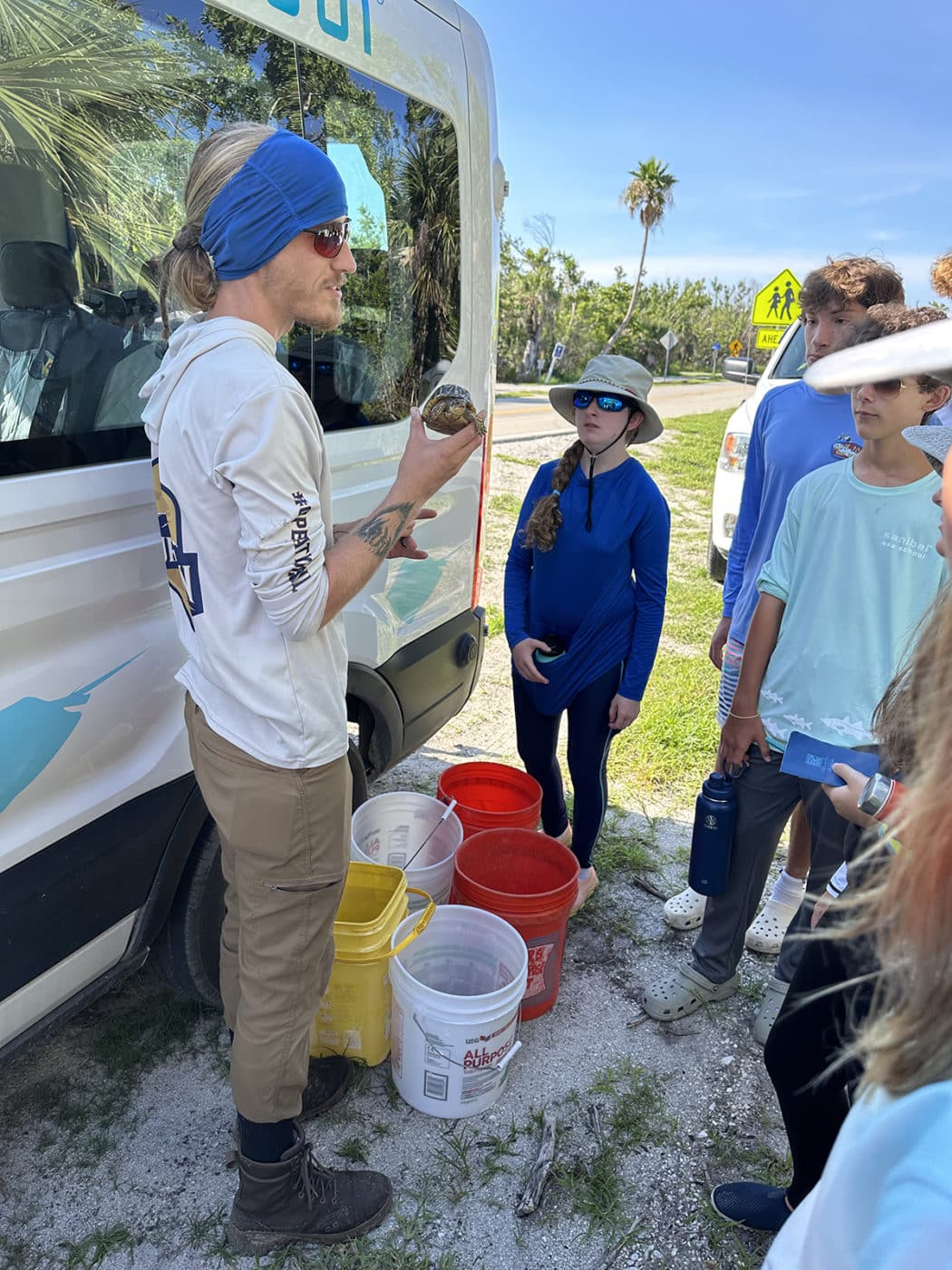 kids learning about a turtle