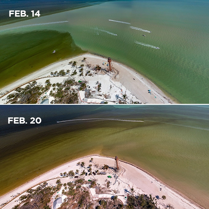 two aerial images of lighthouse, with one on top titled 'feb 14' and one on bottom titled 'feb 20'. the bottom image has slightly darker water