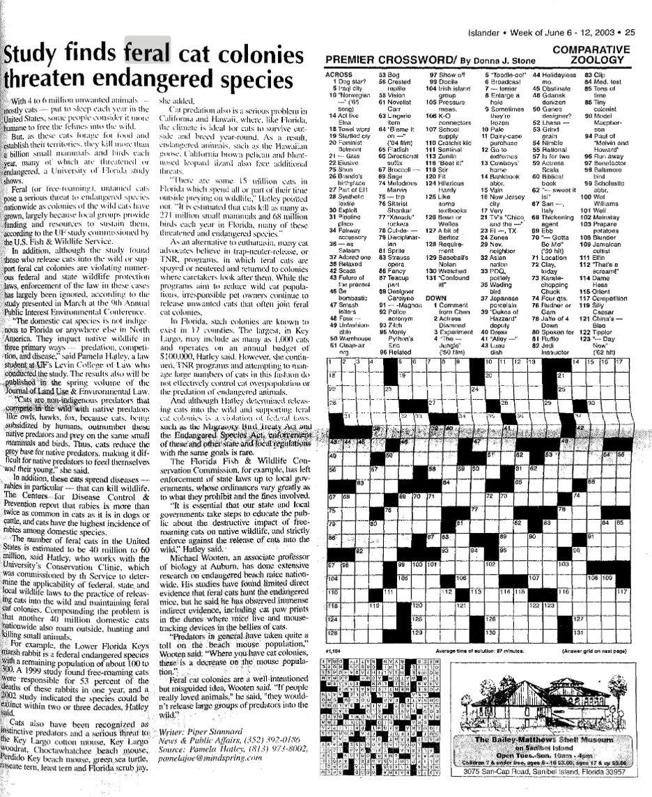 image of old newspaper article describing feral cats on sanibel. from 2003