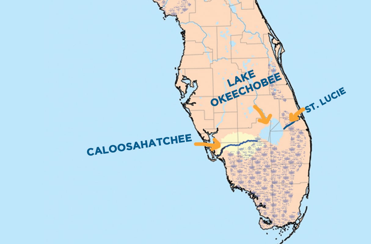 image of florida map showing lake O and Caloosahatchee and St Lucie estuaries