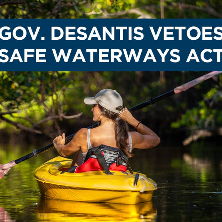image of woman kayaking with text 'gov DeSantis vetoes safe waterways act'