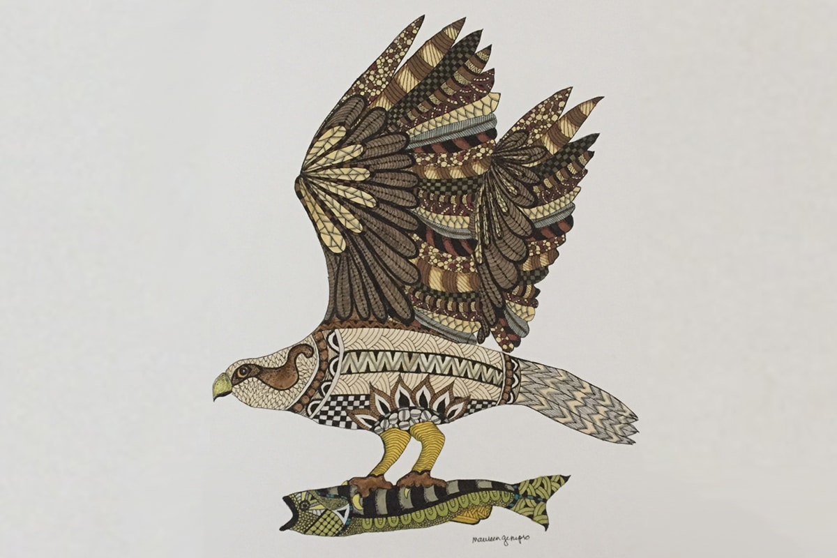 artwork of bird of prey carrying fish