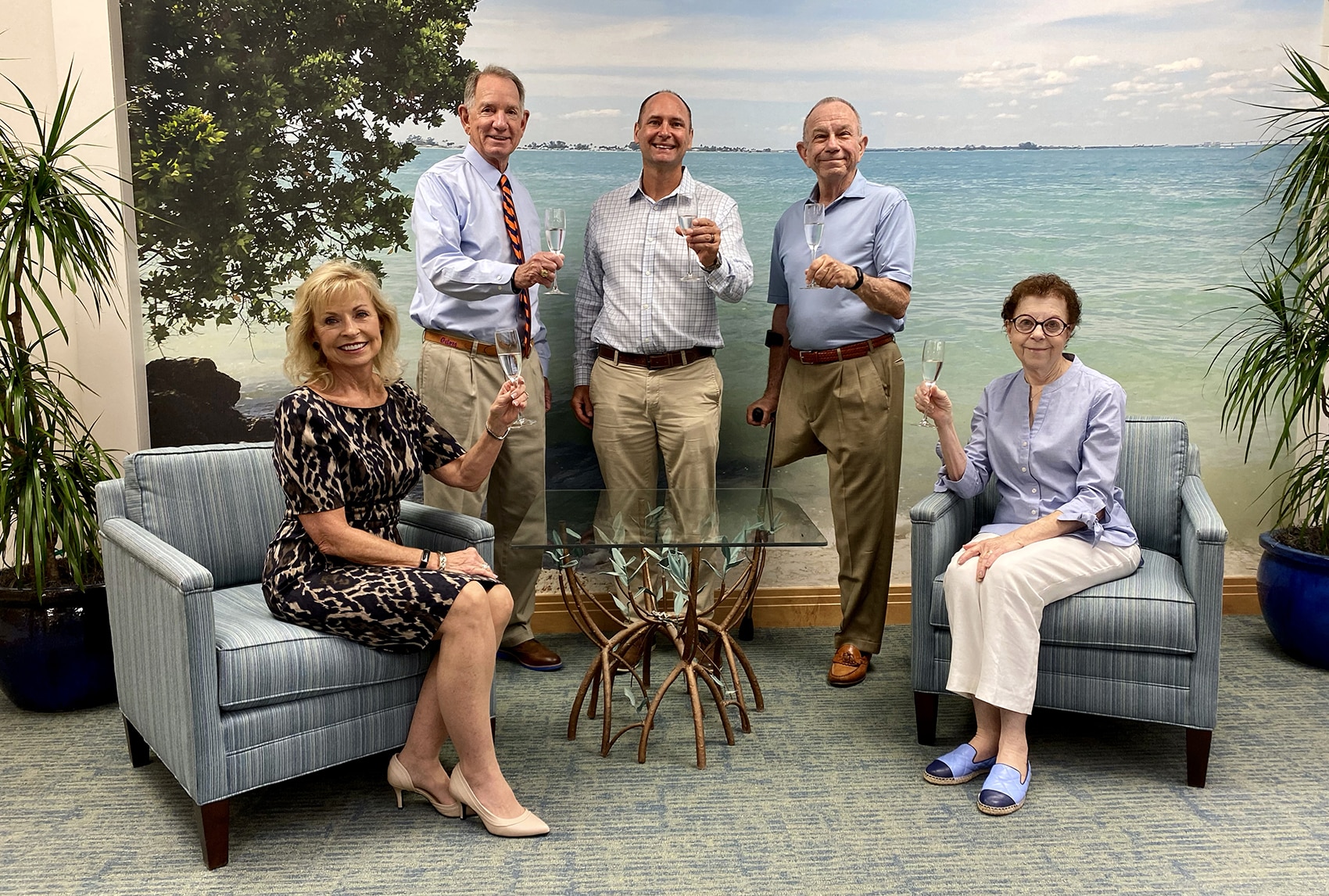 L to R, Bank of the Islands President Robbie Roepstorff, CEO Geoff Roepstorff, SCCF CEO James Evans, and Wines in the Wild co-founders Tom and Linda Uhler raise a glass to the Nov. 8 event.