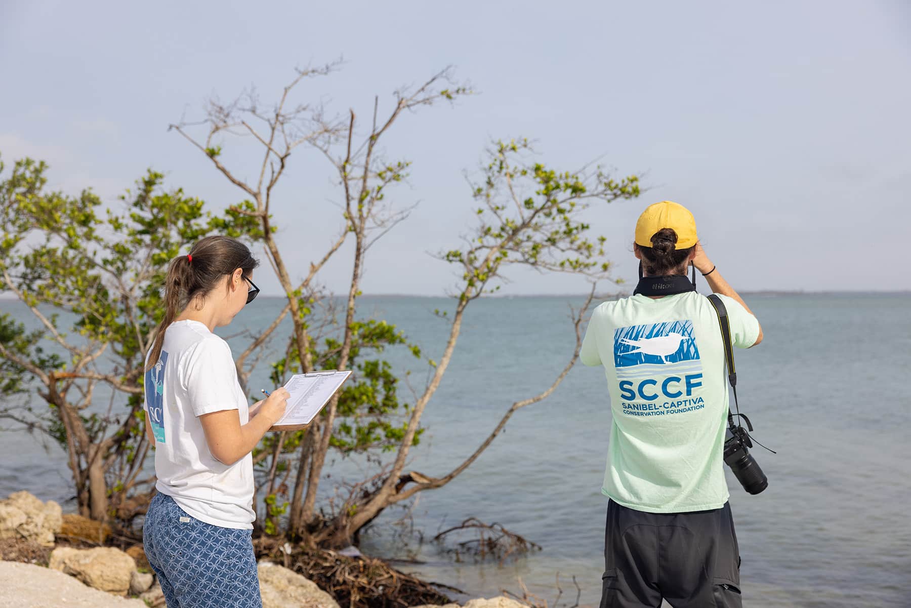 one person looking at birds through binoculars and the other recording data for Christmas bird count on sanibel and captiva