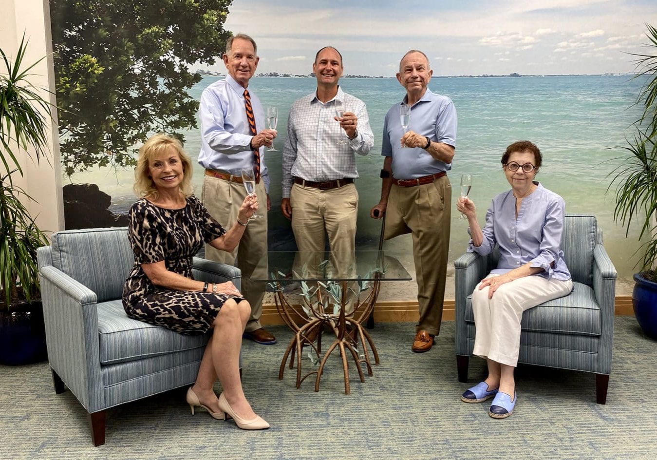 L to R, Bank of the Islands President Robbie Roepstorff, CEO Geoff Roepstorff, SCCF CEO James Evans, and Wines in the Wild co-founders Tom and Linda Uhler raise a glass to the Nov. 8 event.