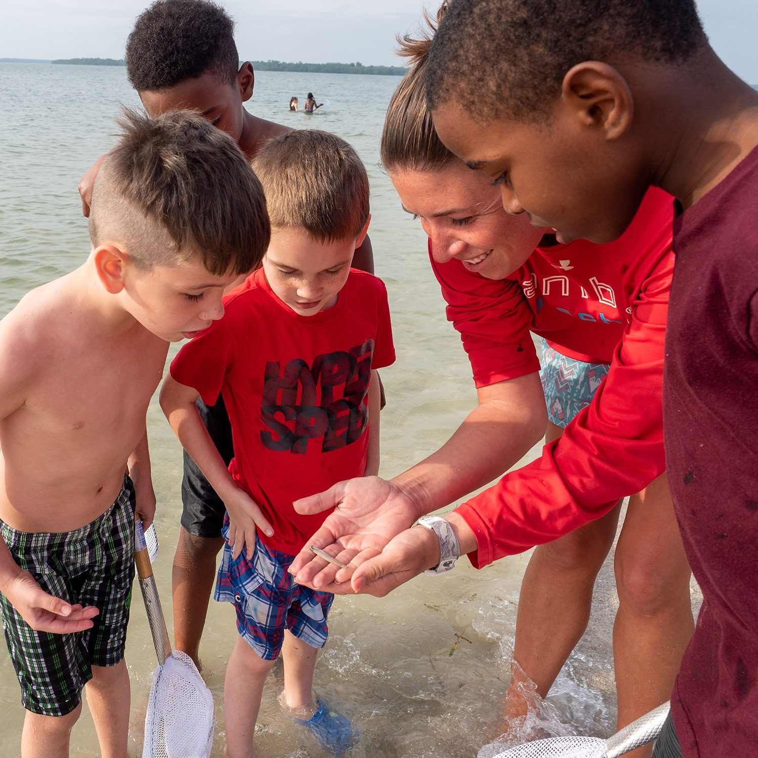 kids looking at fish