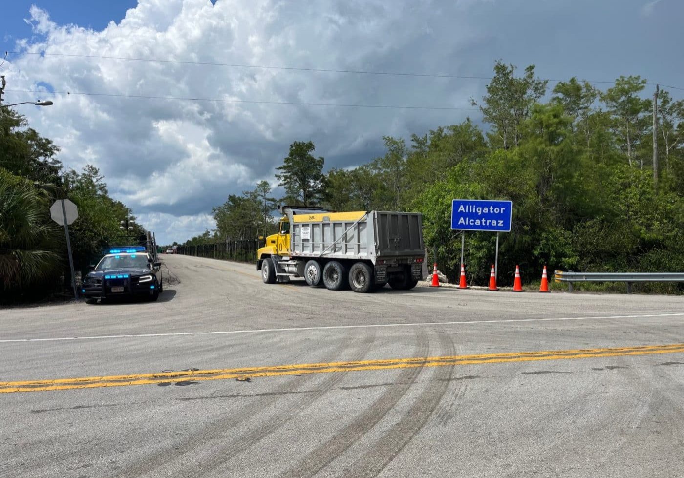 alligator Alcatraz sign and police car