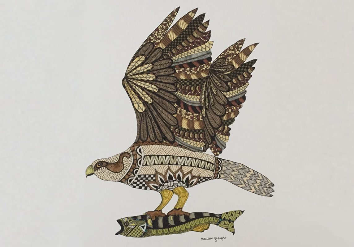artwork of bird of prey carrying fish